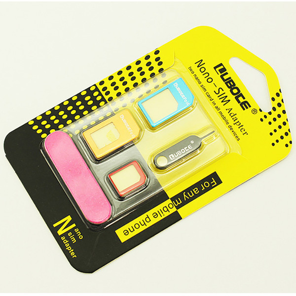 5 in 1 Set Nano SIM Card to Micro SIM Card Standard Adapter Converter for Iphone 5 6 Plus Galaxy S5 S6 Edge all cell phone with Eject Pin
