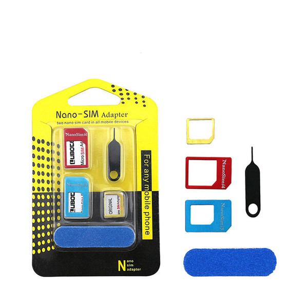 5 in 1 Metal Sim Adaptor Kit Nano to Micro/standard SIM Card Adapter With retail package iphone 6 4 5 OTH491