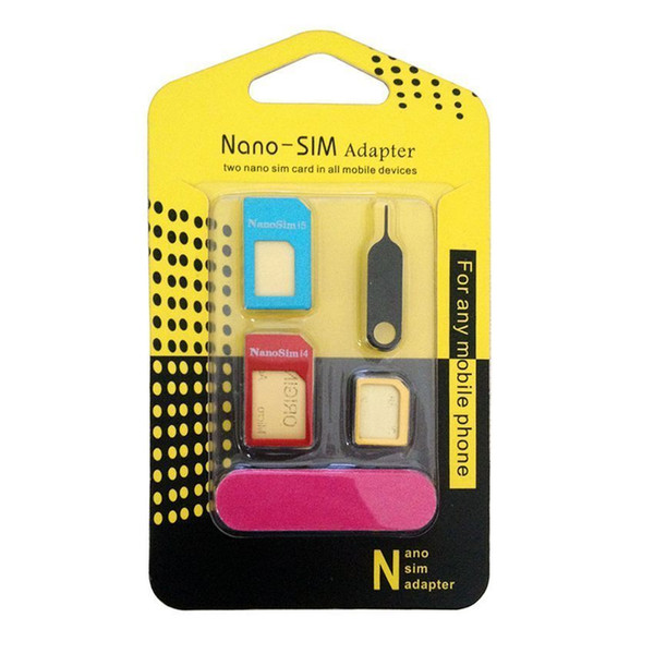 5 in 1 Nano Sim Card Adapters + Regular & Micro Sim + Standard SIM Card & Tools For iPhone 4 4S 5 5c 5s 6 6s Retail Box 500pcs/lot