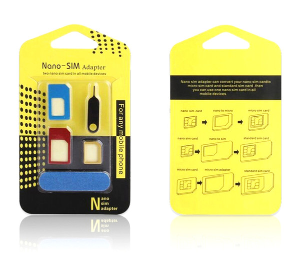 Aluminum Metal Nano Sim Card Adapters 5 in 1 Micro Sim Stander Sim Card Tool for iphone 6s 5s all cell phone Devices with retail box