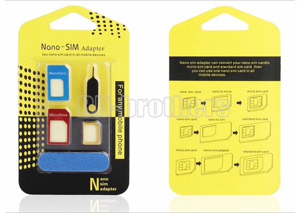 Yellow Packing Box 5 in 1 Metal SIM Card Adapter Nano Micro Adaptor with Sandpaper For iPhone 4 5 6 1000sets/lot