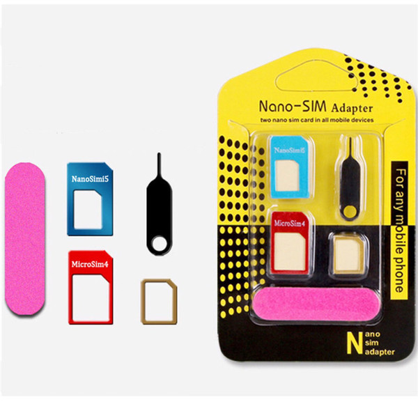 5 in 1 Metal Sim Adaptor Kit Nano to Micro/standard SIM Card Adapter With retail package iphone 6 4 5 OTH491