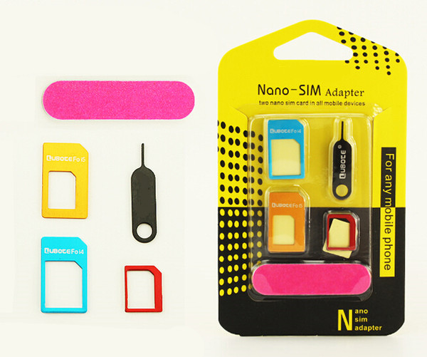 5 in 1 Metal Sim Adaptor Kit Nano to Micro/standard SIM Card Adapter With retail package iphone 6 4 5
