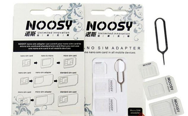 Hot Selling Noosy Nano SIM Card Adapter 4 In 1 With Eject Pin Key For Iphone4 4S Iphone5 iphone6 With SIM Card Retail Box Excellent Quality