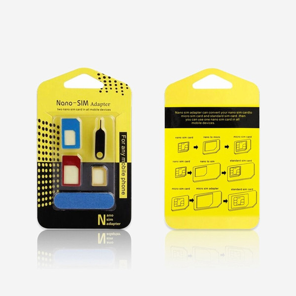 5 in 1 Nano Sim Card Adapters + Regular & Micro Sim + Standard SIM Card & Tools For iPhone HTC Retail Box