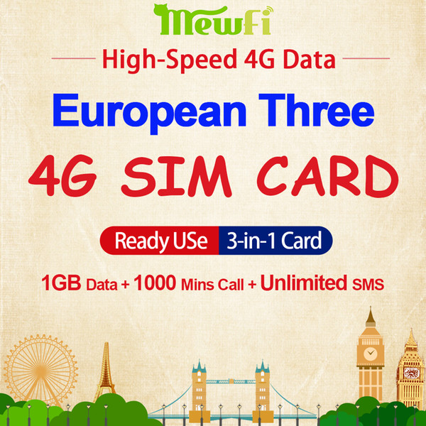 Mewfi Three Europe Travel Sim Card 1GB Bundle+1000 Mins Call+Unlimited SMS High-Speed 4G Data 3in1 CutFree Mobile Phone Sim Card