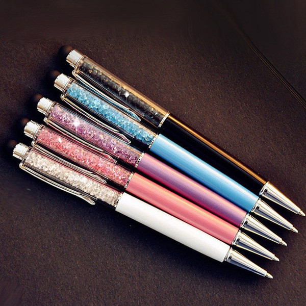 Wholesale- 2PCS/LOT Cute Crystal pen Diamond ballpoint pens Stationery metal touch stylus pen 2 in 1