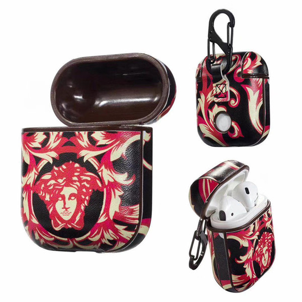 Portrait Print Leather Protective Shell for Airpods Wireless Earphone Graffiti Holster Cover with Carabiner Storage Bag Case Drop Resistance