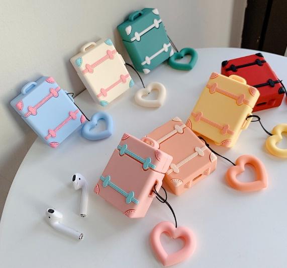 For AirPods Case Vintage Cute Suitcase Trunk Luggage Case For Airpods 2 Earphone Protect Cover with Love Heart Finger Ring Strap