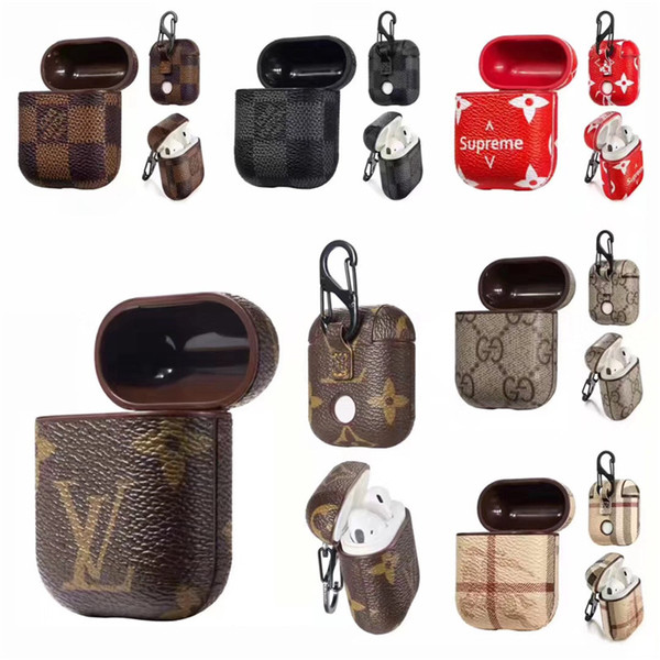 For Airpods Case Luxury PU Leather Protective Cover Hook Clasp Keychain Anti Lost Fashion Brand Earphone Cases Protector