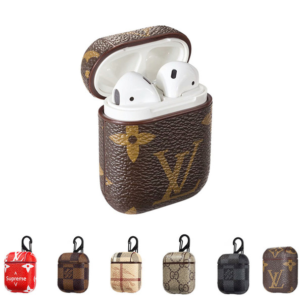 For Airpods Case Luxury Leather Protective Cover Hook Clasp Keychain Anti Lost Fashion Brand Earphone Cases Protector