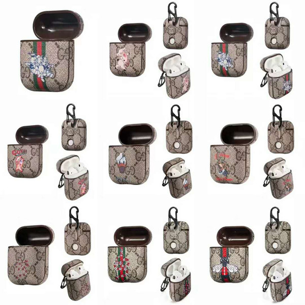 For Airpods Case Fashion PU Leather Bee snake print Protective Cover Hook Clasp Keychain Anti Lost Fashion Earphone Cases Shell Protector