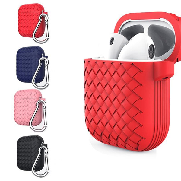 Weave Silicone Protective Case For Wireless Apple AirPods Earphones Ultra Thin Cover With Carabiner iPhone in-ear Earphone Solid Color Pouch