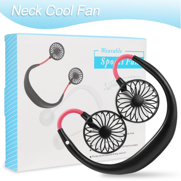 Portable USB Rechargeable Neckband Lazy Neck Hanging Dual Cooling Mini Fan 360 Degree Rotating Sport Hanging Neck Fan With Retail Package