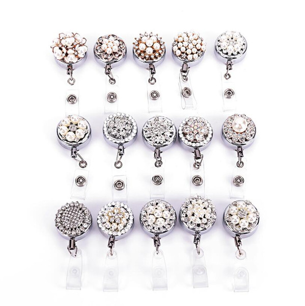 Fashion Rhinestone vintage color crystal flower pearl shape Retractable ID Badge Holder reel for gift/party