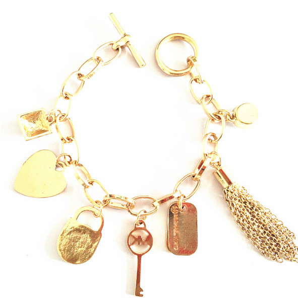 New Fashion Luxury Brand Women's Heart Tassel Key Charm Pendant Cuff Bracelet