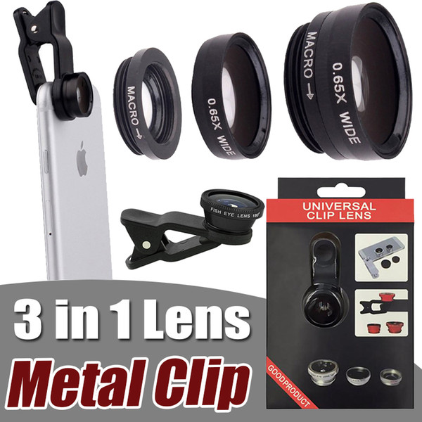 Universal 3 in 1 Metal Clip Camera Cell Phone Lens Fish Eye + Macro + Wide Angle For iPhone X 8 7 Plus Samsung Note 8 S8 With Retail Package