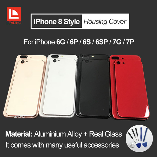 For iPhone 6 6P 6S 6SP 7 7P Plus Back Housing Cover Like iPhone 8 Style Metal Glass Back Cover Replacement with Buttons