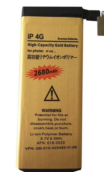 Factory supply High Capacity Battery 2680MAH Gold Replacement Li-ion Battery for iPhone 4G FEDEX fast shipping