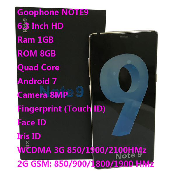 6.3 Inch Goophone 9 Plus WCDMA 3G Quad Core Ram 1GB ROM 8GB Android 8.0 Camera 8.0MP Touch ID Face & Iris ID smartphone show Fake 6+128GB 4G