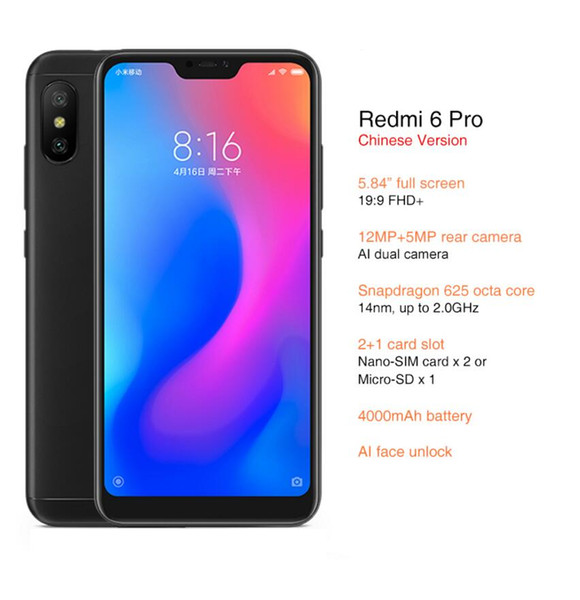 Wholesales Original Xiaomi Redmi 6 Pro Mobile Phone 4GB RAM 32/64GBGB ROM Snapdragon 625 Octa Core 5.84''19:9 Full Screen Dual AI