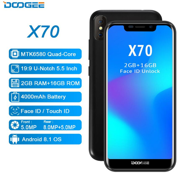 DOOGEE X70 Smartphone Face Unlock 5.5'' U-Notch 19:9 MTK6580 Quad Core 2GB RAM 16GB ROM Dual Camera 8.0MP Android 8.1 4000mAh