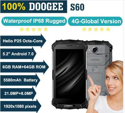 DOOGEE S60 6GB RAM 64GB ROM MTK Helio P25 Octa Core Android 7.0 5.2'' FHD Screen IP68 Waterprrof Smartphone 21.0MP 5580mAh Mobile Phone