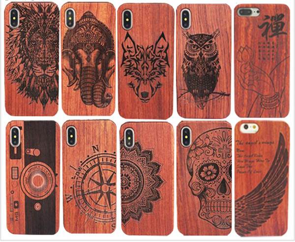 100% Eco-friendly Solid Wood Carving Case For iphone X 10 7 8 6s Plus Mobile Cell Phone Cover Wooden Bamboo + PC back Case Shockproof Shell