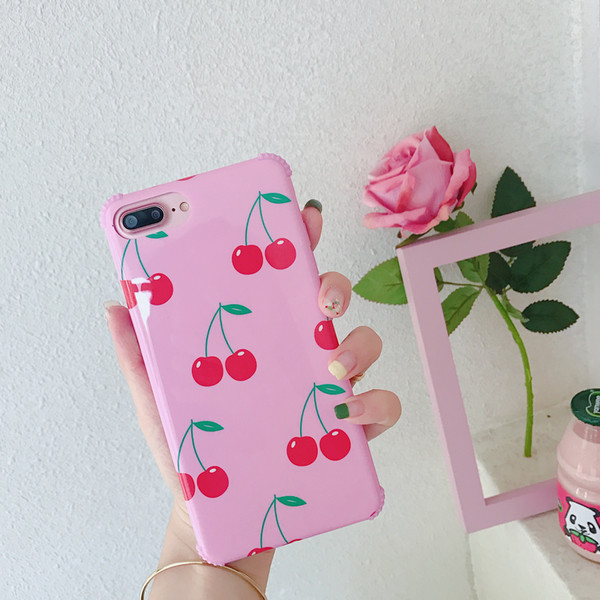 Red Cherry Printed Design Case for iphone X/6/7/8 Plus Shockproof Apple 10 Protective Shell Pink Rubber Cover for Women