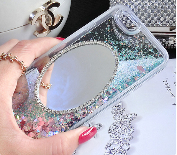 Case with Rhinestone Mirror Cover with Heart-shaped Liquid Glitter & Bling Shiny Quicksand Case with Flowing Sequins