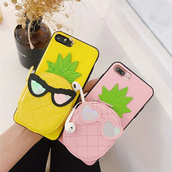 Cute Pineapple Design Pink Yellow Color TPU+PU Wallet Phone Case Mirror Selfie Phone Case for Couples