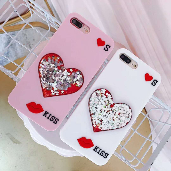 3D Bling Liquid Star Love Heart Glitter Quicksand Sweet Lip Kiss Soft Silicone Flexible Case for iPhone 6 6S 7 8 Plus X