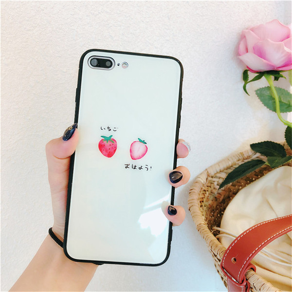 Glass Back Cartoon Strawberry Cover with Soft TPU Transparent Shock Absorption Full Body Protection Shell for iPhone 6 6S 7 8 X