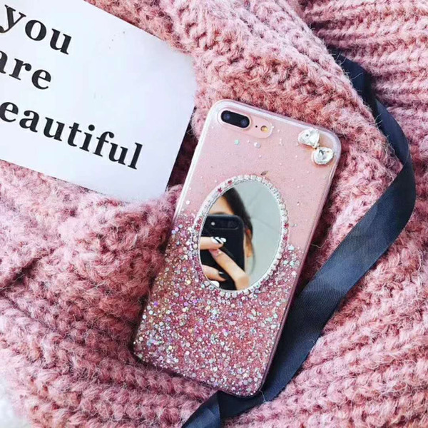 Crystal Rhinestone Bling Diamond Glitter Bowknot Rubber Mirror Makeup Case TPU Protective Case Cover For iPhone 6 6S 7 8 Plus X