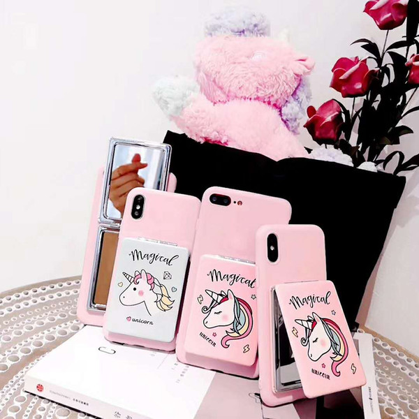 Premium Protective Case Pink Cute Lovely Unicorn Design Clear Case with mirror for iPhone 6 6S 7 8 Plus X