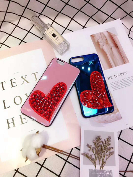 Fashion 3D Crystals Blue-ray Diamond Sparkle Jeweled Bling Heart Phone Cover Case for Apple iPhone 6 6S 7 8 Plus X