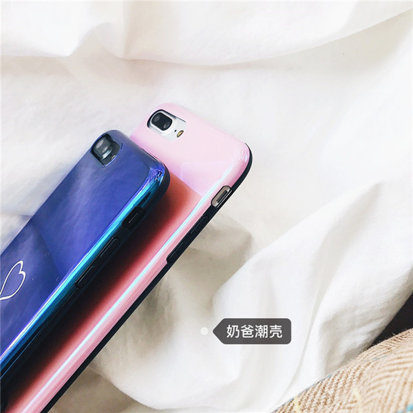 New Men Women Sweet Love Heart Couple Glossy Back Cover Blue light Protection Phone Case for iPhone 6 6S 7 8 Plus X