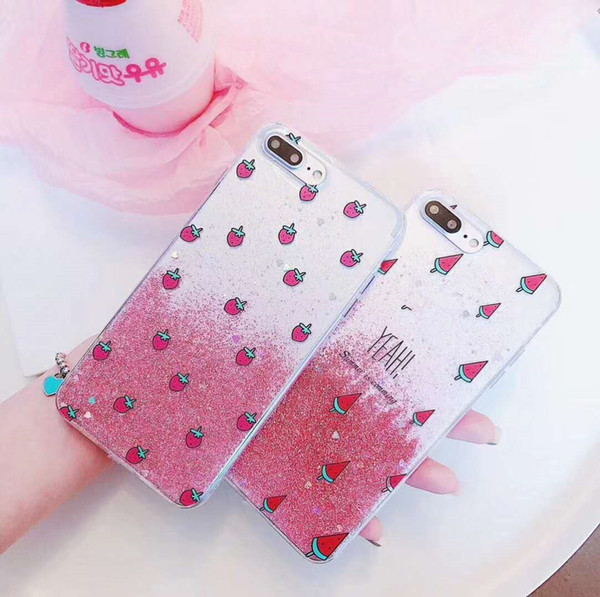 Fashion Bling Glitter Strawberry phone Case for iPhone 6 6S 7 8 Plus X Luxury Shining Powder Transparent Phone Cases