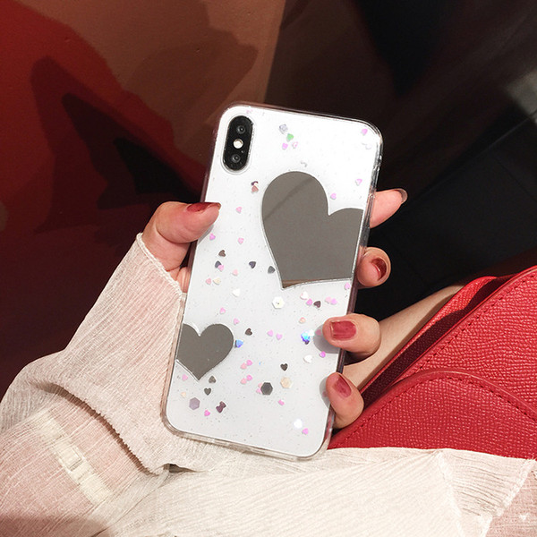 Bling Glitter Sparkle Love Heart Shape Glass Embedded TPU Protective Shell Bumper Case Cover for iPhone 6 6S 7 8 Plus X