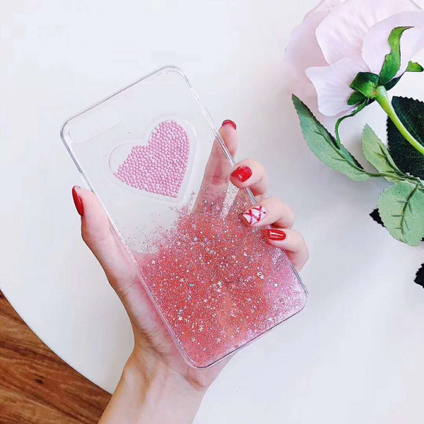 Bling Glitter Shiny Flowing Sand Love Heart Quicksand Design Transparent TPU Cover for iPhone 6 6S 7 8 Plus X