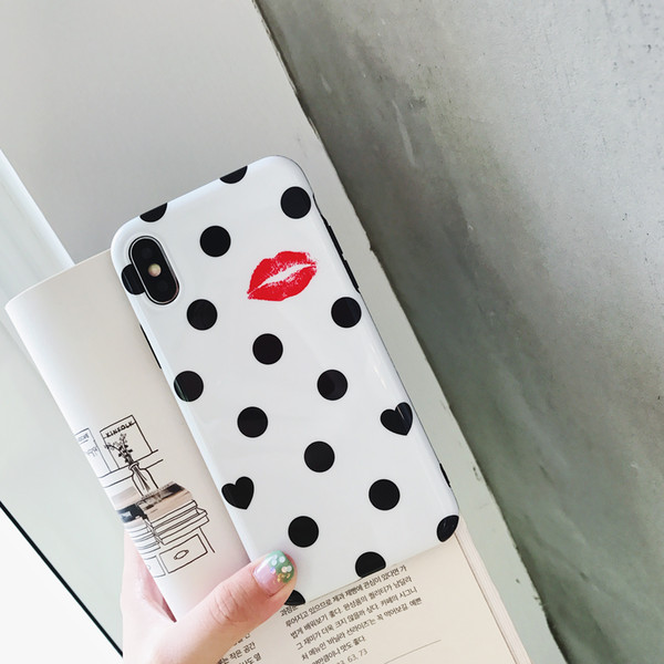 Slim Fit Full Protective Shell Phone Case with Vintage Style Dots Pattern Sexy red lips phone case for iPhone 6 6S 7 8 Plus X