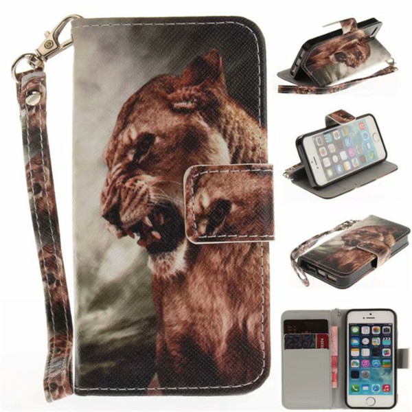 Flip Wallet Case For iPhone 5S SE Cases Coque Animal Wolf Owl Tiger Lion Painted PU Leather Phone bags accessories Cover