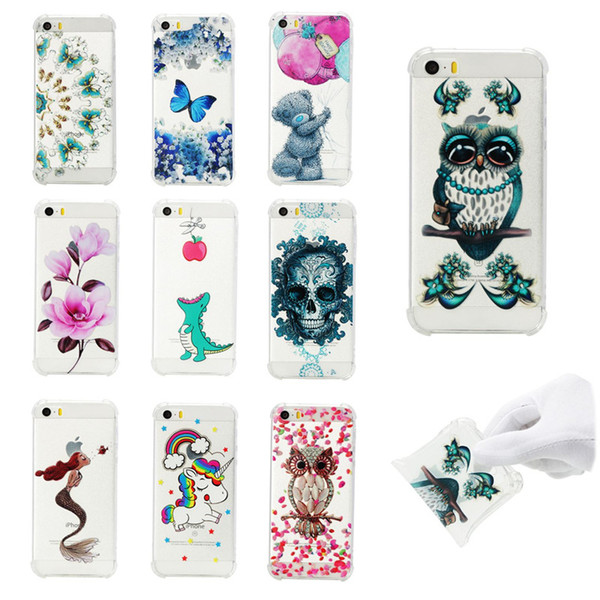 Soft TPU Cover For iPhone 5S SE Case Coque transparent Coloured drawing Shockproof Mobile Phone Cases Blue butterfly Cloud Skull