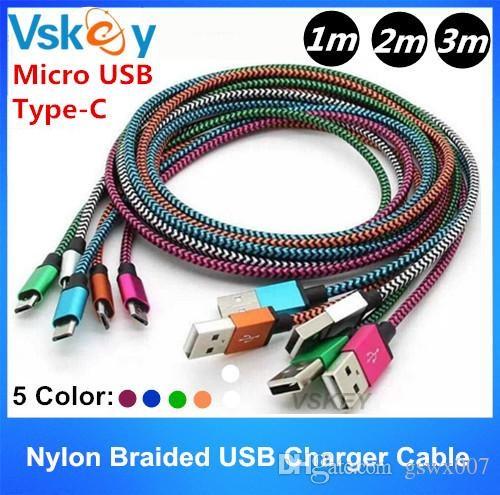 1m 2m 3m Nylon Braided Type C Cable For Samsung i phone i6 i7 i8 iX more Android Cellphone Micro USB Sync Data Cable 3ft 6ft 10ft