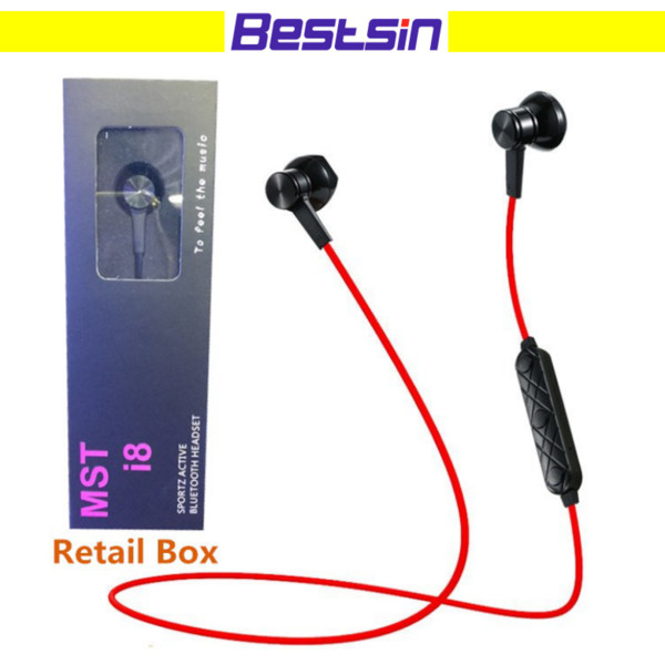 Bestsin MST-I8 Bluetooth Headphones Wireless Earphone Magnetic Earphone Super Bass Stereo with Mic for Iphone X S8 phone Free DHL