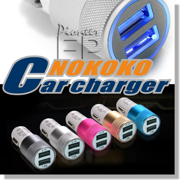 BRAND NOKOKO Best Metal Dual USB Port Car Charger Universal 12 Volt / 1 ~ 2 Amp for Apple iPhone iPad iPod / Samsung Galaxy Droid Nokia Htc