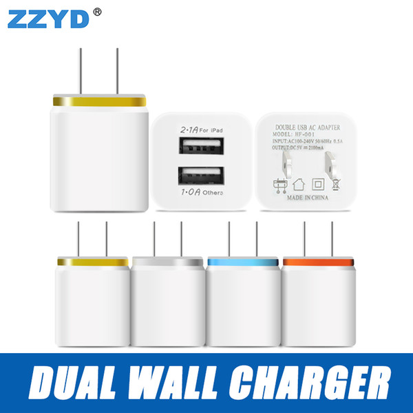 ZZYD For Samsung S8 Note 8 Dual USB Wall Charger 5V 2.1A 1A Metal Travel Adapter US EU plug AC Power Adapter