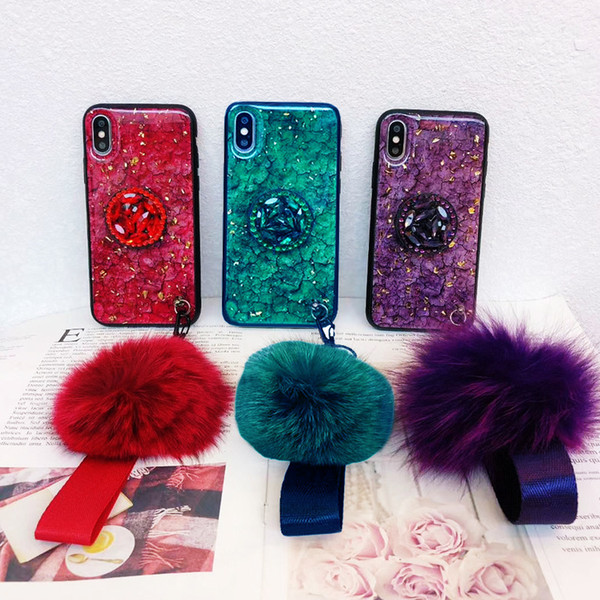 Bling Marble Glitter Epoxy Bracket Fur Ball Lanyard Case For iPhone XR XS MAX X 6 7 8 Samsung S8 S9 S10 Plus S10E Note 9 J2 J5 J7 Prime