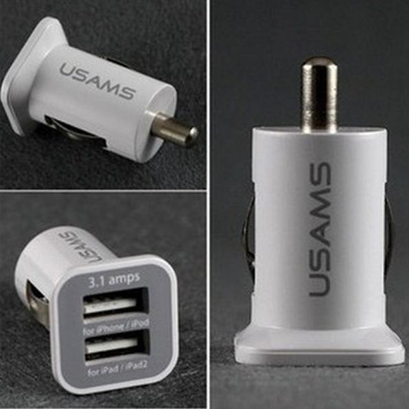 100pcs/lot 3.1A USAMS Dual Port USB Car Charger 5V 3100mah for IPhone IPAD Ipod Samsung HTC