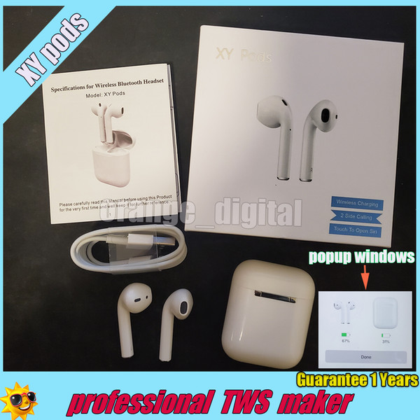 1:1 genuine technology XY pods tws bluetooth headphones earbud Realtek 5.0 chip touch control,charging box,popup window,QI wireless charging